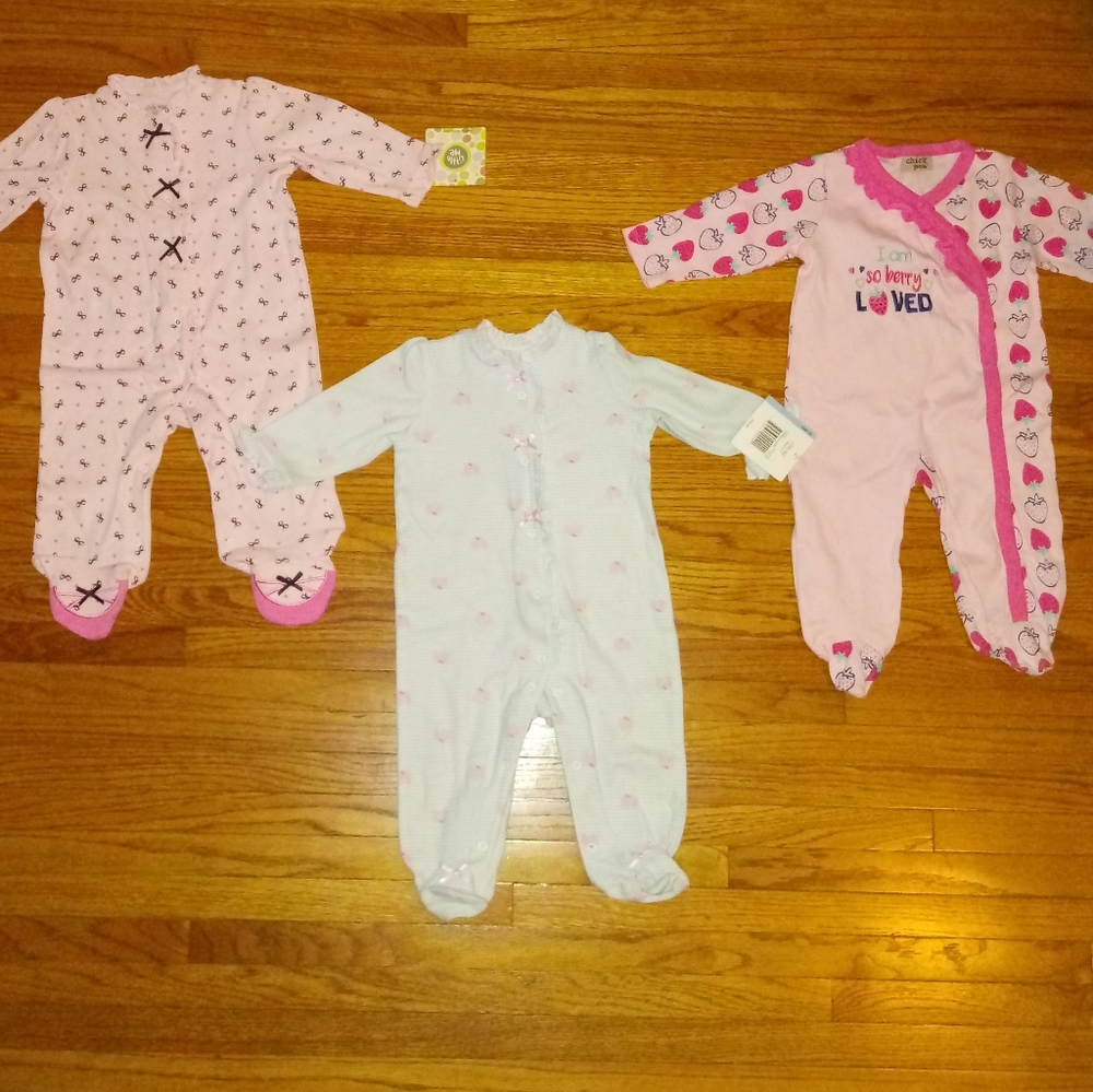 Baby Girl 3-6 mth Footed Onesie Lot, NWT Pink, Elephant, Strawberry One Piece